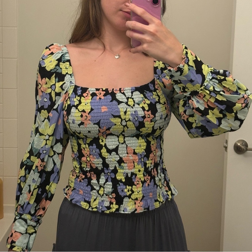 Free People Smocked Long Sleeve Top